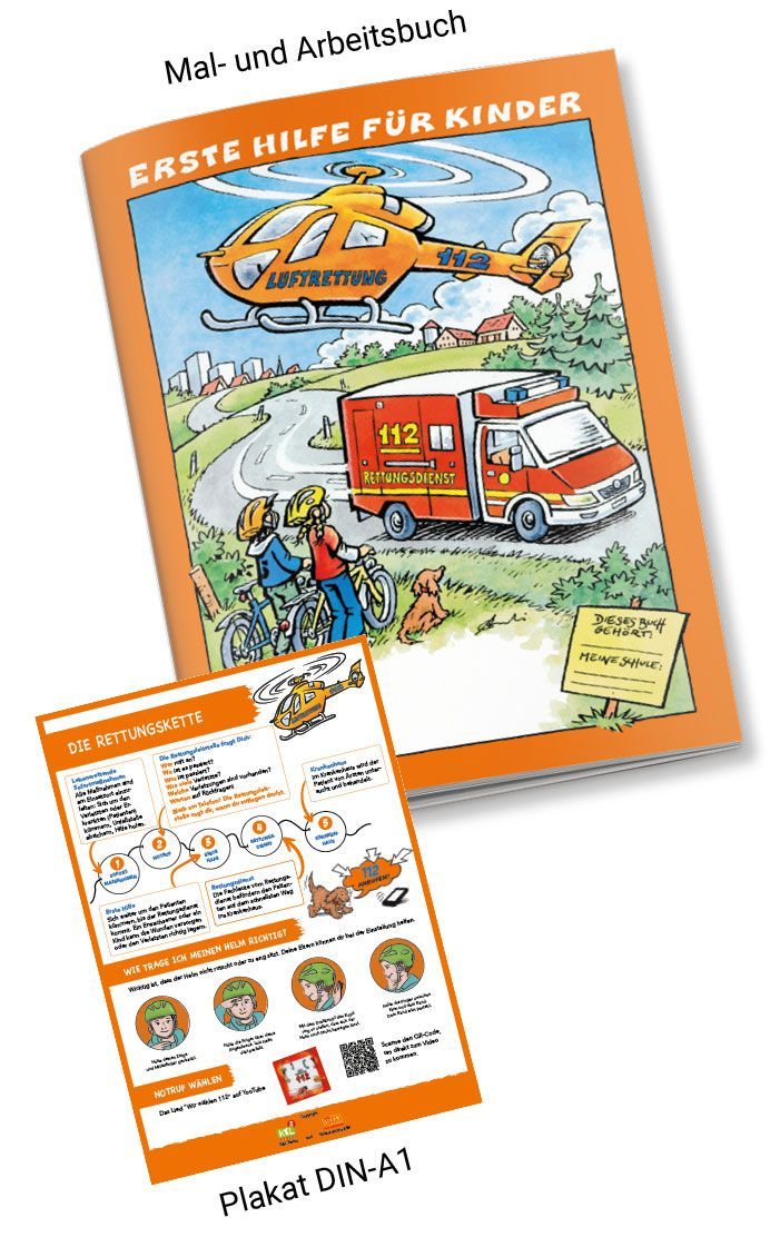 Erste-Hilfe-Arbeitsheft für Kinder mit einem Rettungshubschrauber und einem Krankenwagen auf dem Cover. Ein Poster mit Anweisungen ist ebenfalls abgebildet.