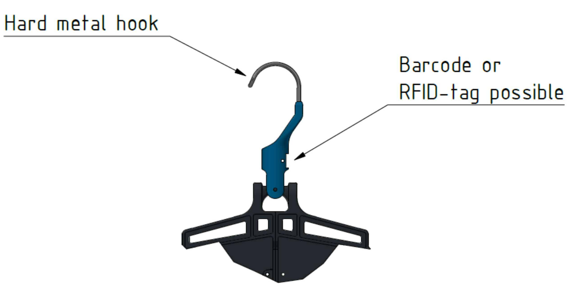 Ein Diagramm eines Hartmetallhakens mit einem Barcode oder RFID-Tag