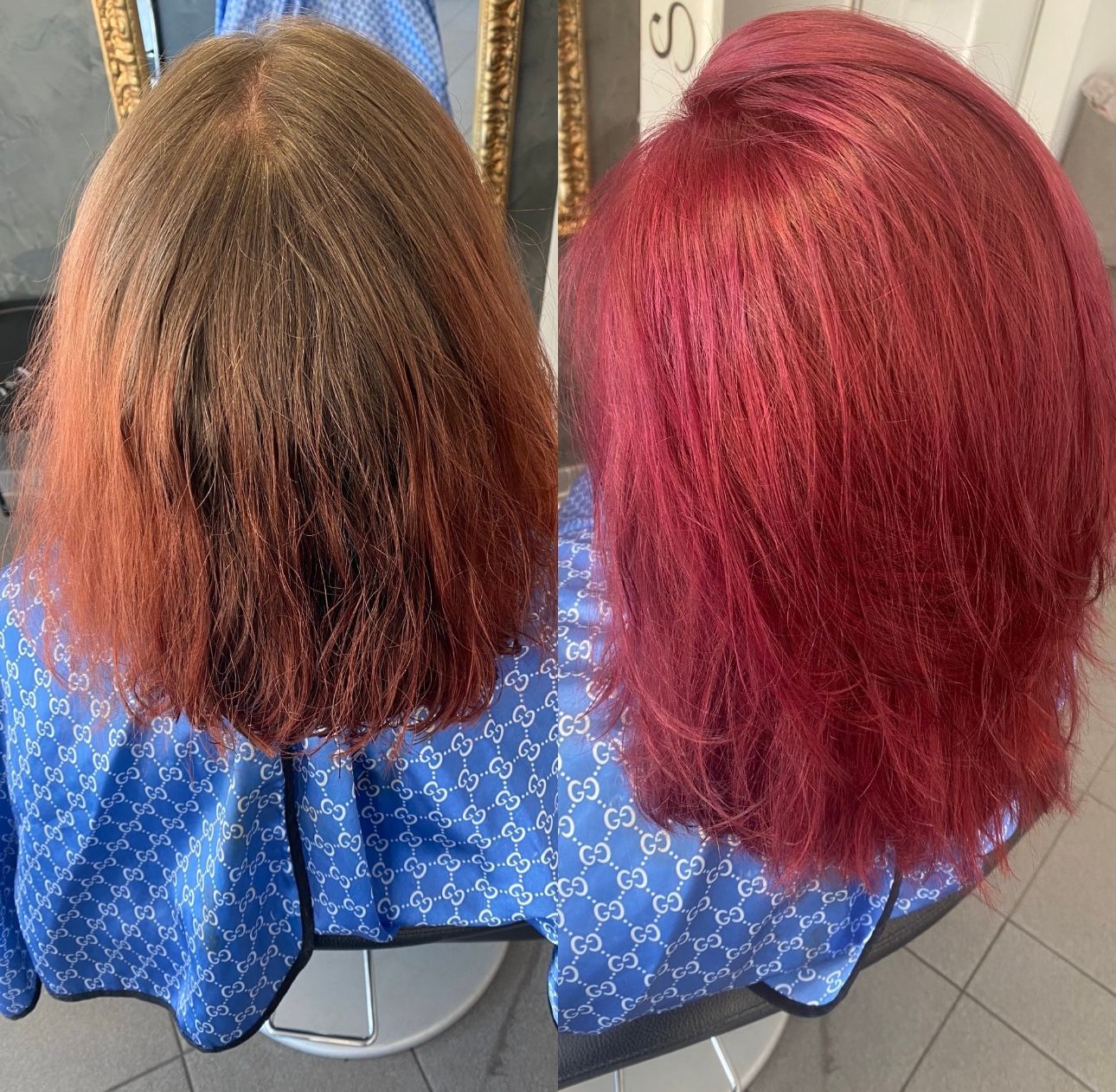 Ein Vorher-Nachher-Foto der roten Haare einer Frau.