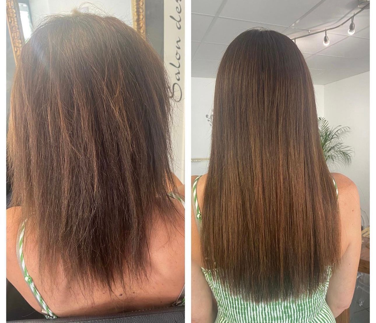 Ein Vorher-Nachher-Foto der haselnussbraunen Haare einer Frau.