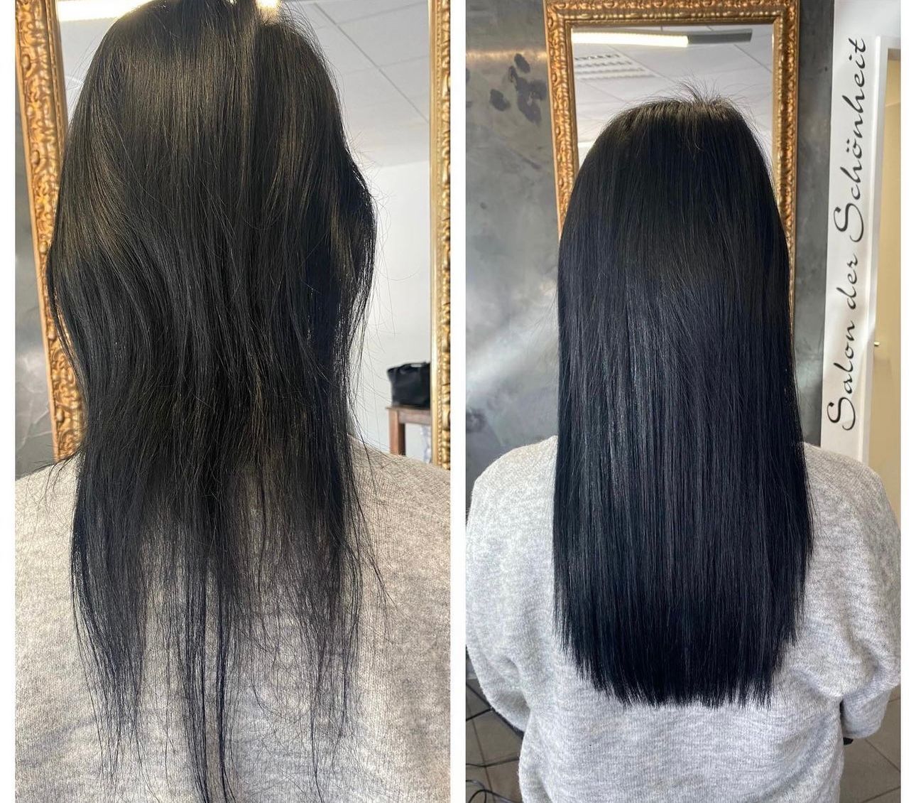 Ein Vorher-Nachher-Foto der schwarzen Haare einer Frau