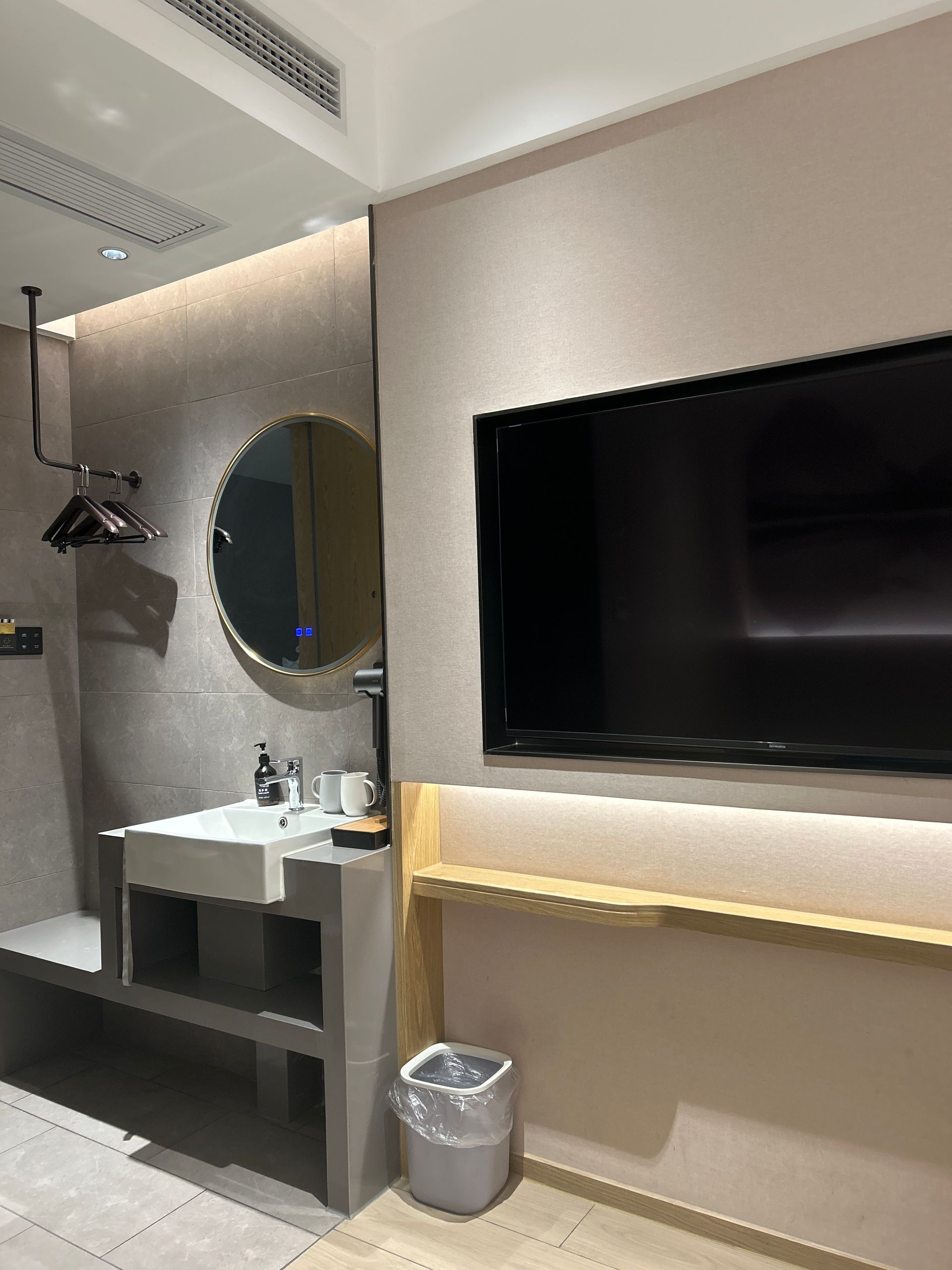 Salle de bains avec lavabo, miroir, télévision et poubelle. Murs clairs et éléments en bois.