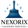Balai bleu à paillettes au-dessus, texte indiquant « NEXORIX - SERVICES DE NETTOYAGE ».