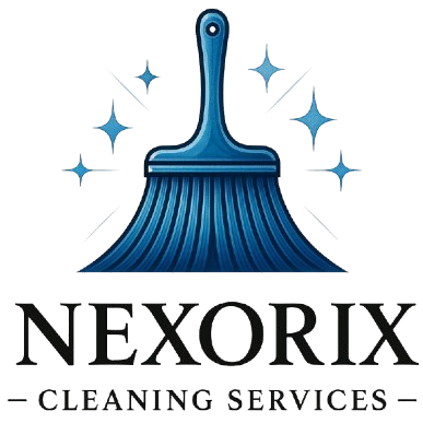 Balai bleu à paillettes au-dessus, texte indiquant « NEXORIX - SERVICES DE NETTOYAGE ».