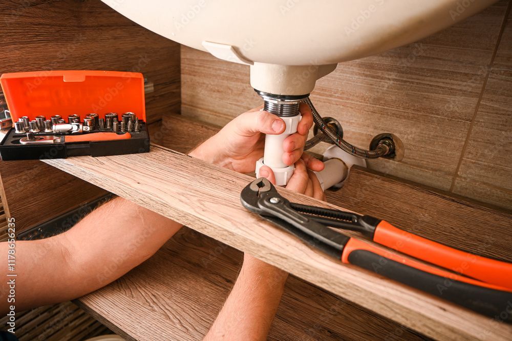 Ein Klempner arbeitet an einem Hahn.