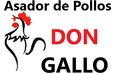 Logotipo de Asador de Pollos Don Gallo, que presenta la ilustración de un gallo con contorno negro junto a texto rojo y negro.