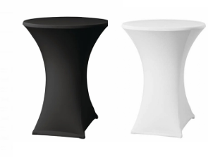 Housse table mange-debout de 80 cm de diamètre et 110 cm de hauteur, idéale pour les buffets ou événements. Location à 4,00 €.