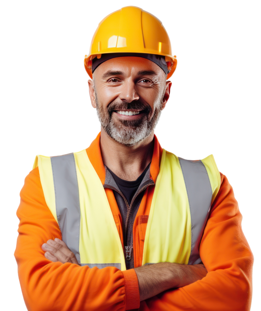 Ouvrier en gilet et casque jaunes croisant les bras en souriant