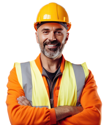 Ouvrier en gilet et casque jaunes croisant les bras en souriant