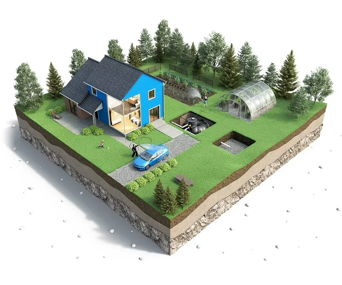 Illustration de jardin avec récupérateur d'eau de pluie