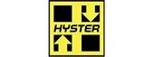 Un logotipo de Hyster amarillo y negro con flechas apuntando hacia arriba y hacia abajo.