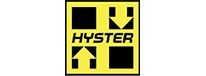 Un logotipo de Hyster amarillo y negro con flechas apuntando hacia arriba y hacia abajo.