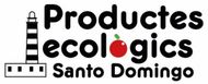 Logotipo de Productos Ecol&oacute;gicos Santo Domingo con texto negro, icono de manzana roja y gr&aacute;fico de faro.