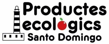 Logotipo de Productos Ecol&oacute;gicos Santo Domingo con texto negro, icono de manzana roja y gr&aacute;fico de faro.