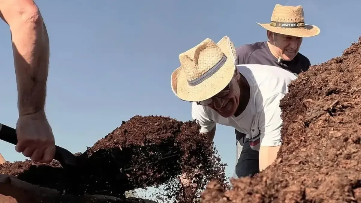 Trabajadores con sombreros de paja palean tierra oscura en un campo bajo un cielo azul despejado.
