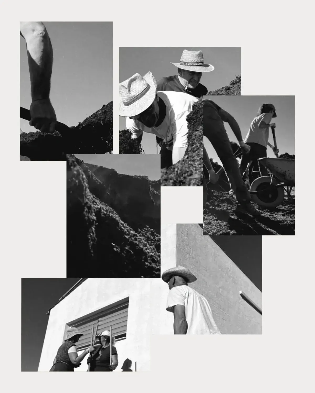 Collage en blanco y negro de personas al aire libre con sombreros, cultivando y trabajando cerca de edificios y colinas.