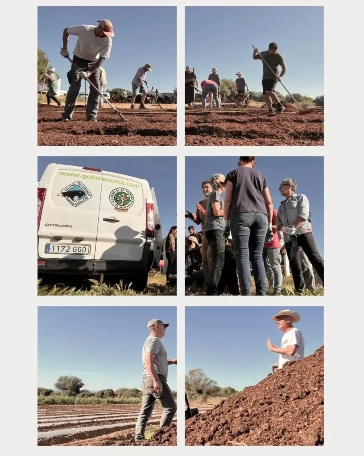 Trabajadores y un vehículo blanco en un terreno de tierra roja bajo un cielo despejado