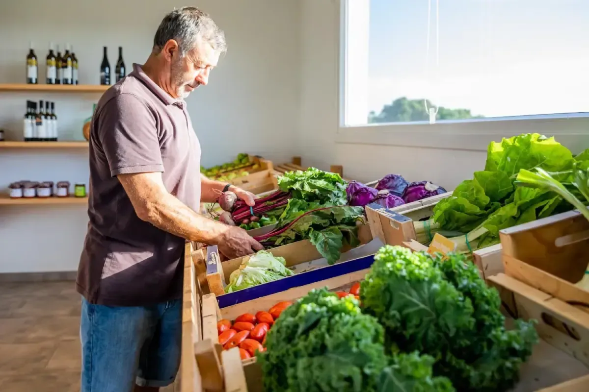 Un hombre coloca verduras frescas en un puesto de mercado, con lechuga, zanahorias y otras hortalizas, bajo la luz del sol.