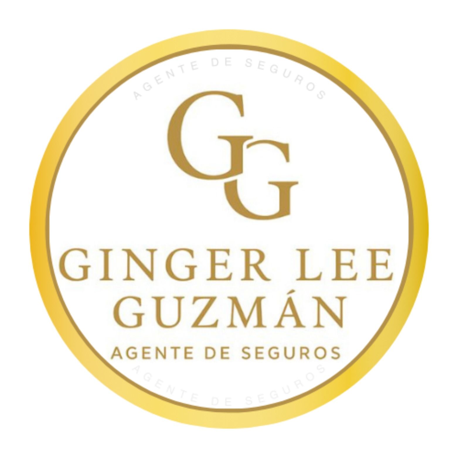 Logotipo circular dorado con las iniciales “GG”, las palabras Ginger Lee Guzmán y “Agente de Seguros” en texto dorado.