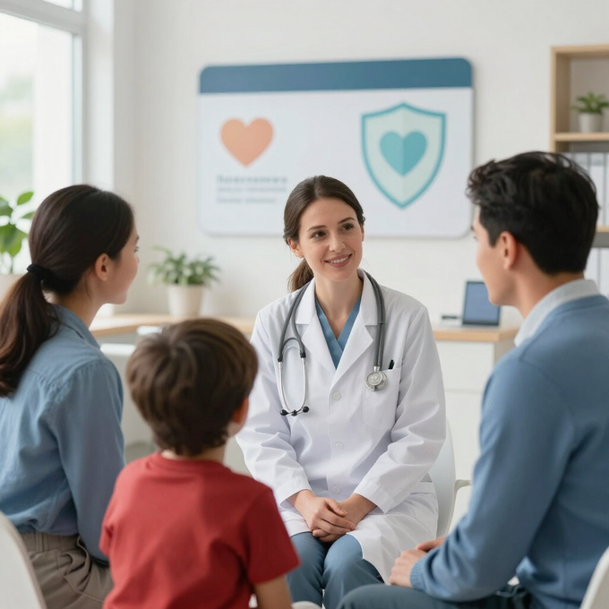 Un médico habla con un pequeño grupo en una clínica, con iconos de salud en la pantalla de presentación.