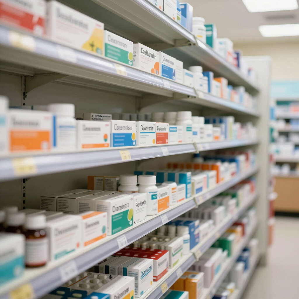 Estantes repletos de cajas de medicamentos surtidas en un pasillo de farmacia.