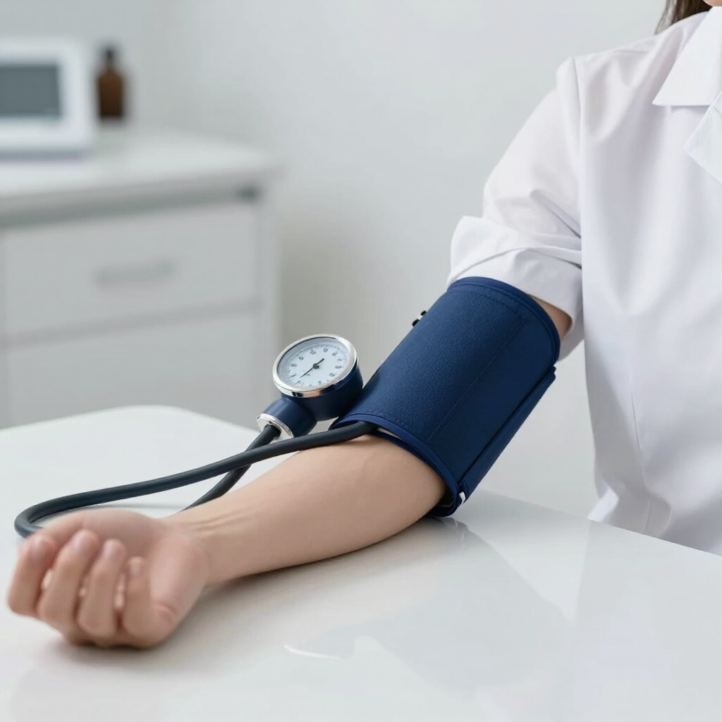 Brazalete para medir la presión arterial en el brazo de una persona durante un chequeo médico.