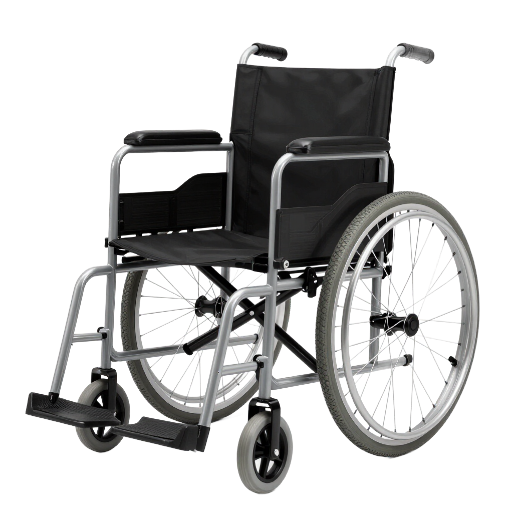 Silla de ruedas manual negra y plateada con ruedas traseras grandes y reposapiés sobre un fondo blanco.