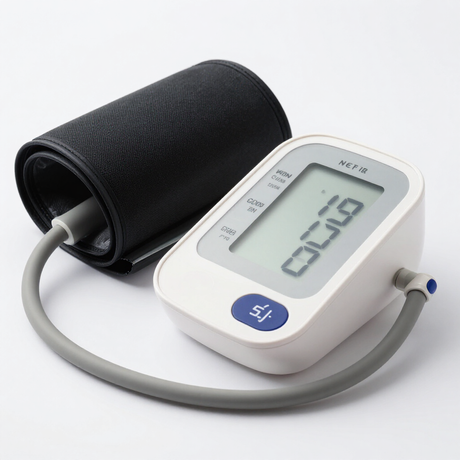 Monitor digital de presión arterial con brazalete negro y tubo gris sobre fondo blanco.