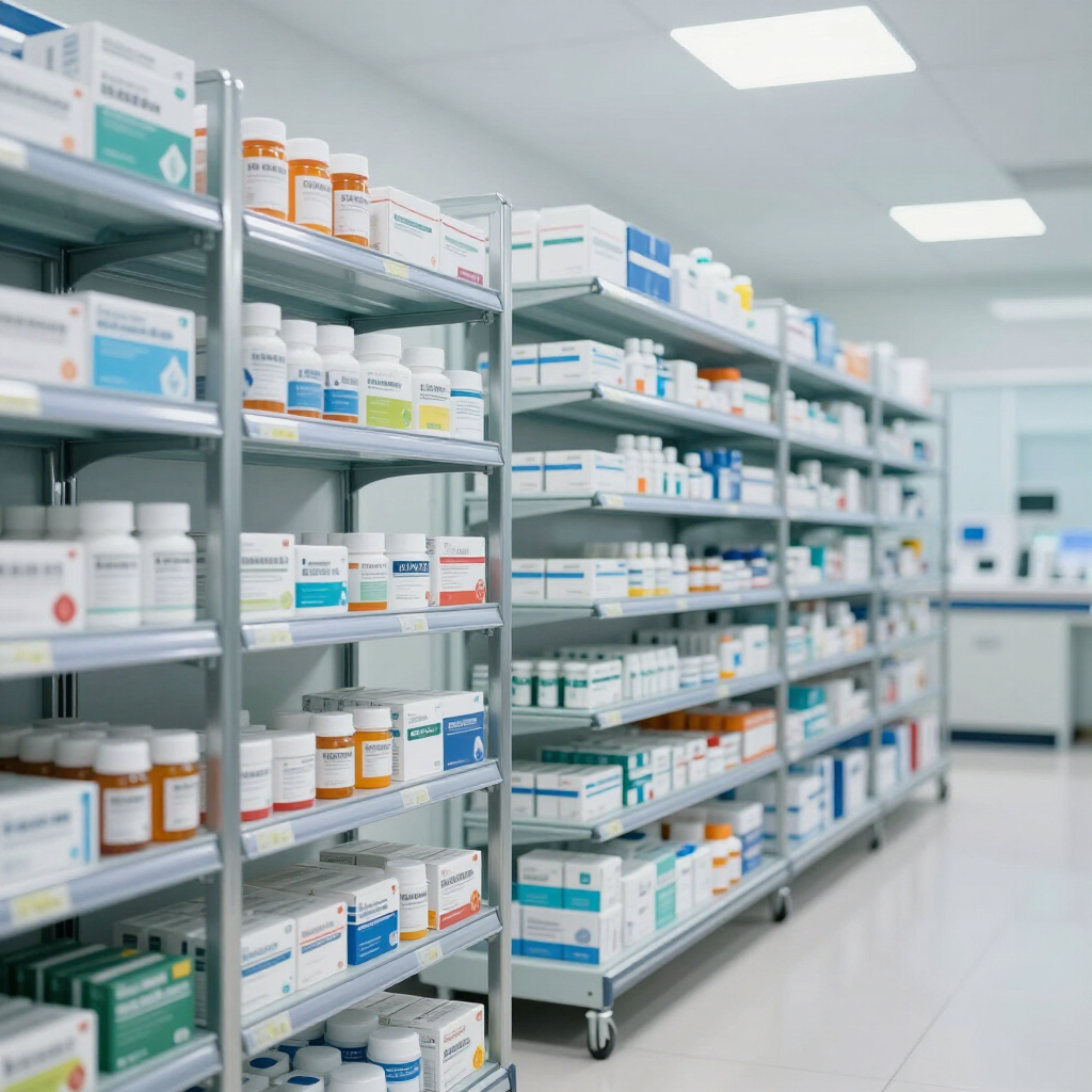 Estanterías de farmacia repletas de cajas y frascos de medicamentos surtidos en un pasillo luminoso y limpio.