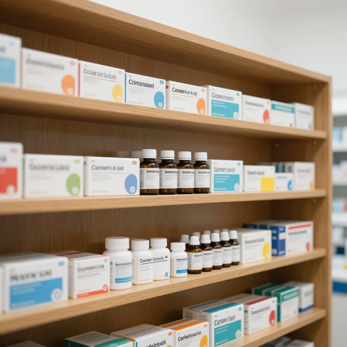 Estanterías de madera de farmacia repletas de cajas de medicamentos y frascos pequeños.