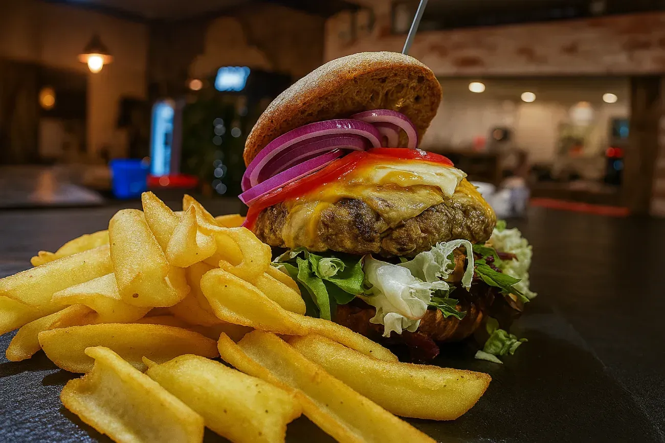 Hamburguesa con papas fritas en un plato en un restaurante con poca luz. 