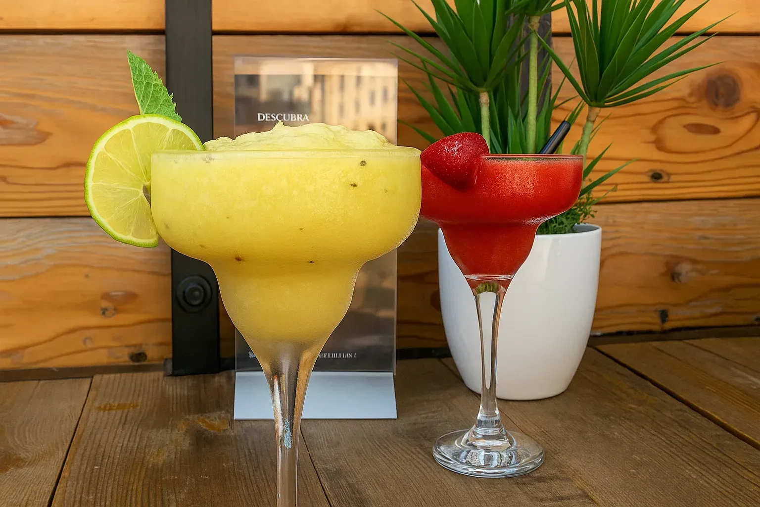 Dos cócteles margarita: uno amarillo, adornado con lima y menta, y uno rojo, adornado con una fresa.