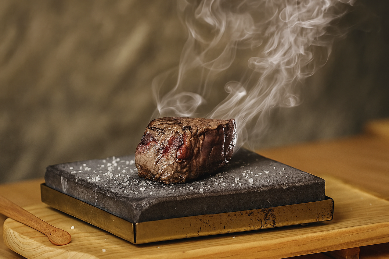 Filete chisporroteando sobre una piedra caliente, desprendiendo vapor.
