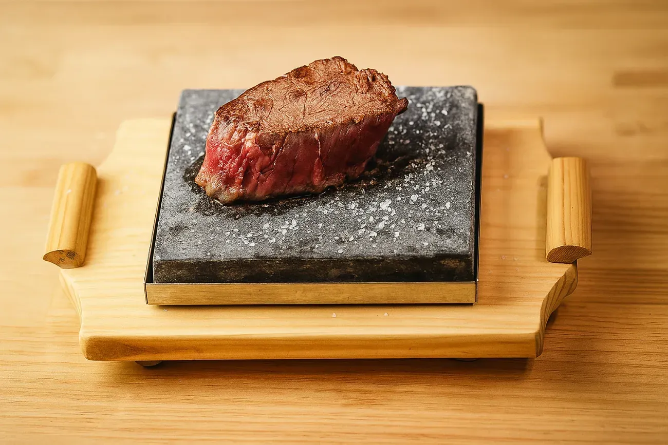 Un filete sellado reposa sobre una losa de piedra gris caliente