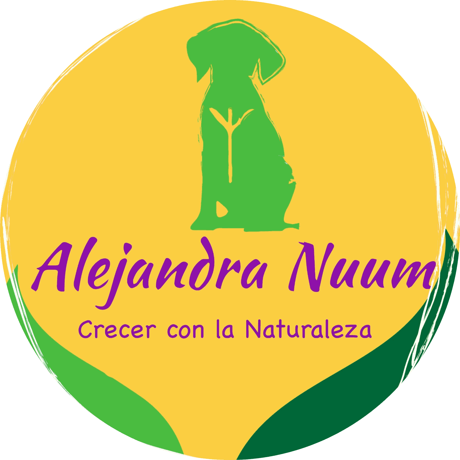 Logo de Alejandra Nuum con silueta verde sobre círculo amarillo y lema “Crecer con la Naturaleza”