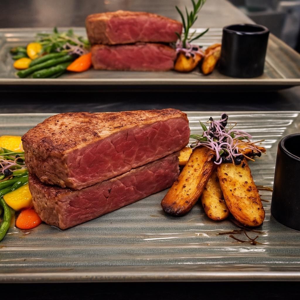 Auf einem Tisch stand ein Teller mit medium-rare gebratenem, in Scheiben geschnittenem Steak, cremigem Risotto, sautiertem Gemüse und einem kleinen Metallbecher mit Sosse.