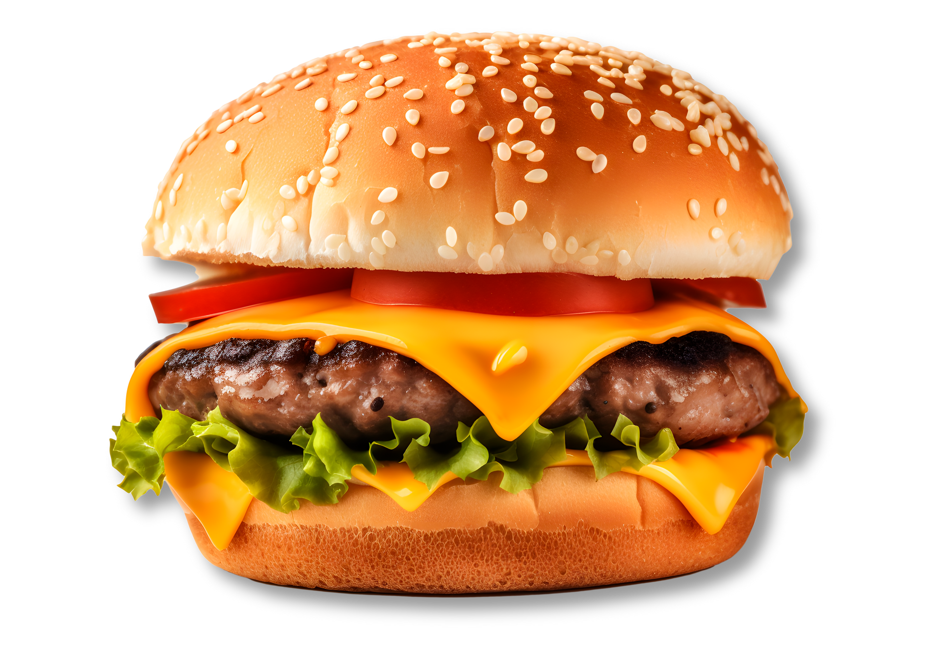 Una hamburguesa con queso, lechuga, tomates y un pan sobre un fondo blanco.