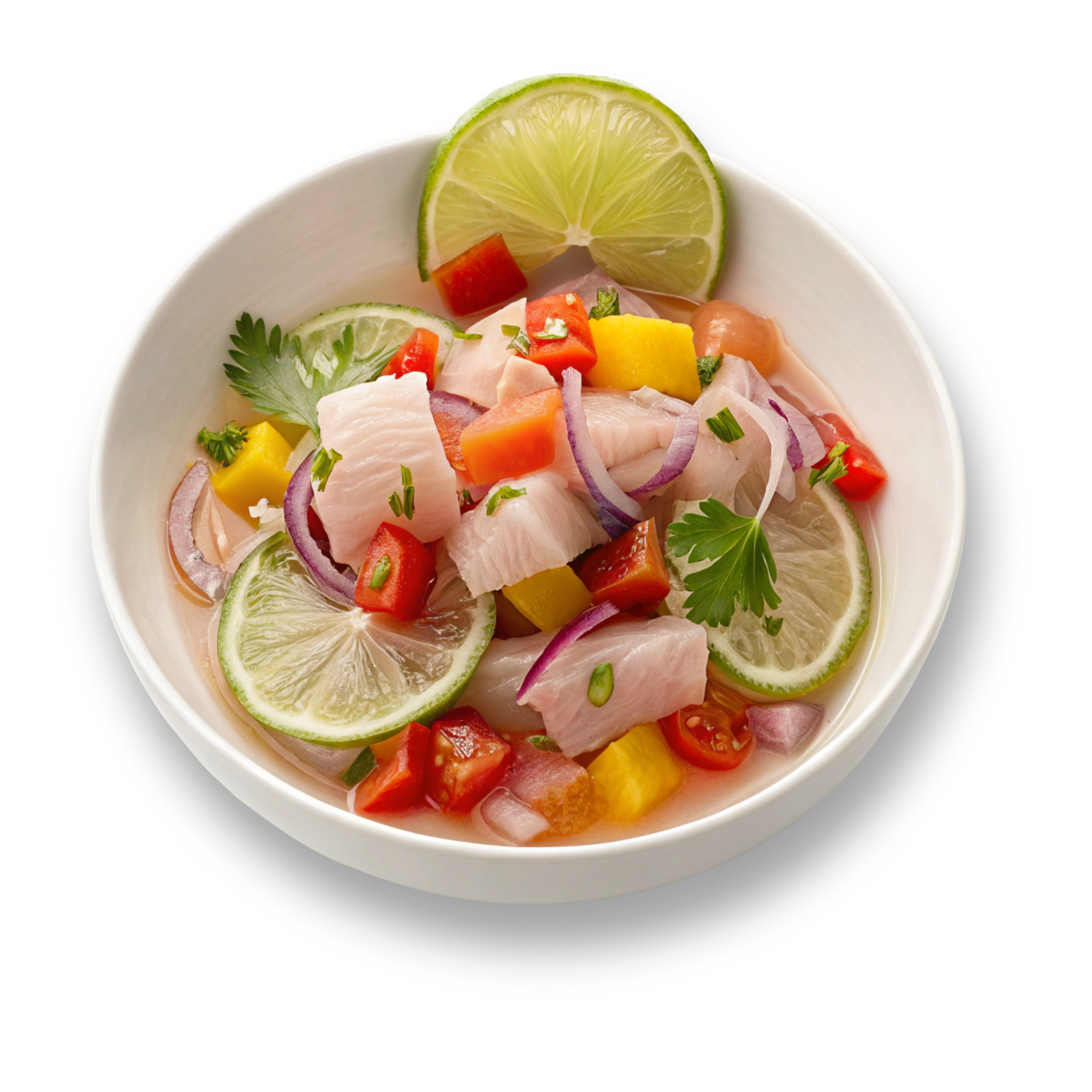 Un recipiente blanco lleno de verduras y una rodaja de lima.