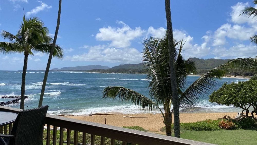 Ocean view with palm trees, sandy beach, waves, and mountains under a blue sky with fluffy white clouds.