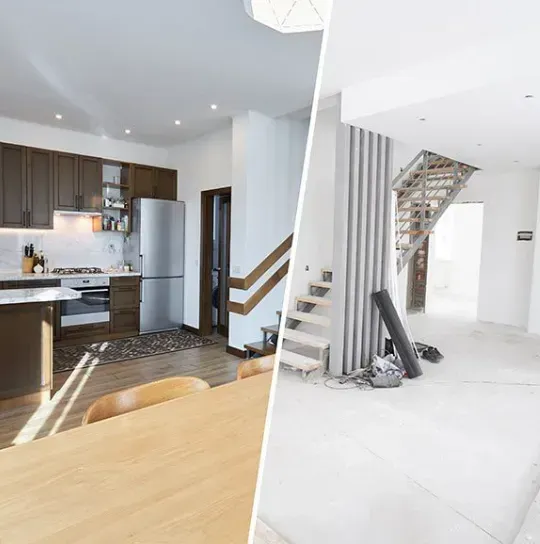 Cocina antes y después de la reforma: armarios, electrodomésticos, escaleras, espacios abiertos y materiales de construcción.