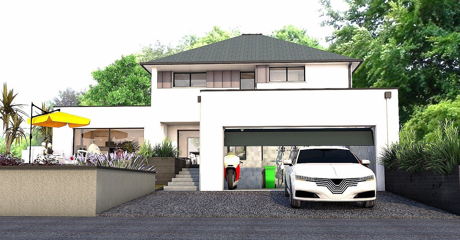 Maison avec double garage et toit 4 pans