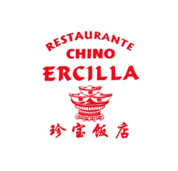 Un logotipo rojo sobre fondo blanco para el Restaurante Chino Ercilla, con texto y una ilustraci&oacute;n de tres cuencos.