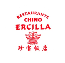 Un logotipo rojo sobre fondo blanco para el Restaurante Chino Ercilla, con texto y una ilustraci&oacute;n de tres cuencos.