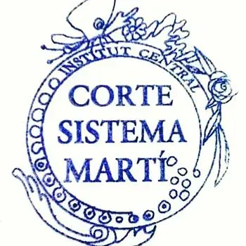 Un logotipo azul y blanco para Corte Sistema Martí.
