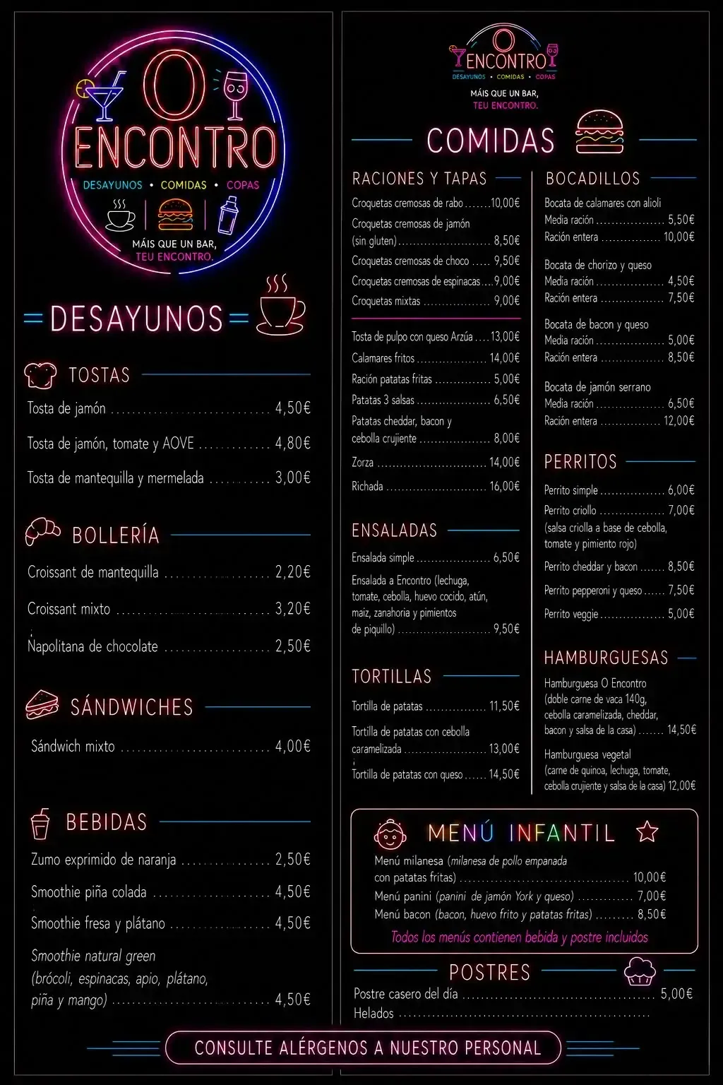 Menú del café “Encuentro” con encabezado de estilo neón y secciones para desayunos, bebidas y especialidades de la casa.