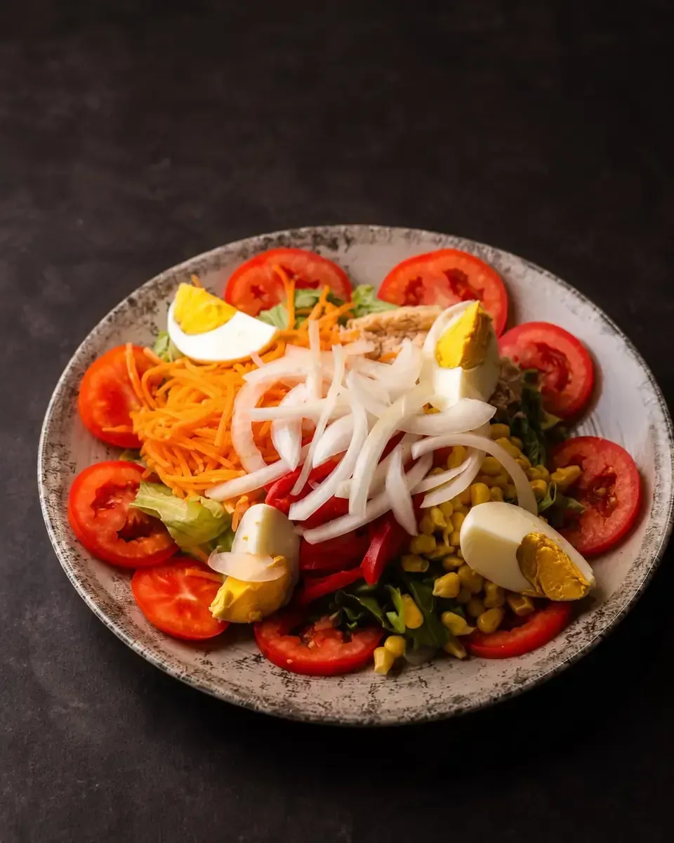 Plato de ensalada colorida con tomates, zanahorias ralladas, cebollas, rodajas de limón y hojas verdes sobre un fondo oscuro.