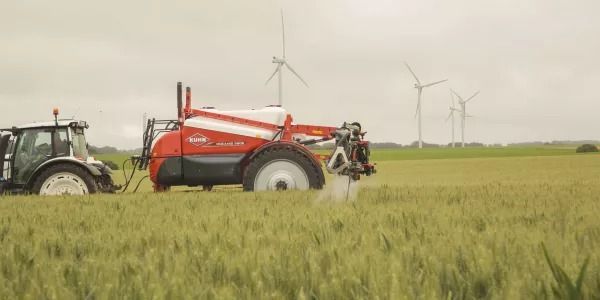 Un tractor está rociando un campo de trigo con un rociador.