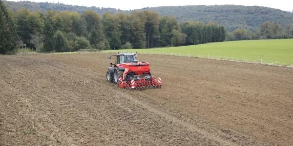 Un tractor rojo está arando un campo con árboles al fondo.