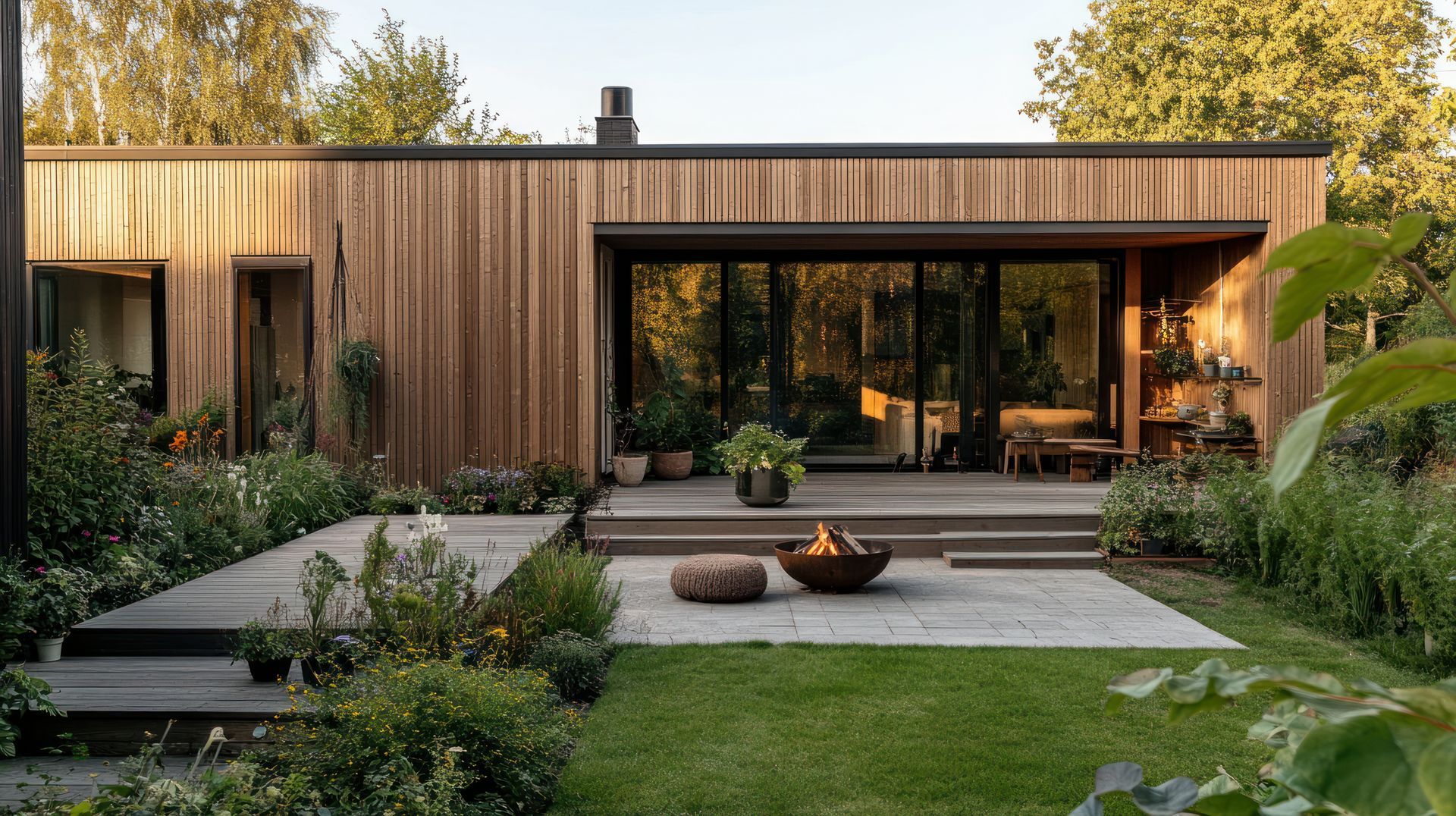 Maison moderne à revêtement en bois avec de grandes baies vitrées, un jardin paysager et une terrasse avec chaises et foyer.
