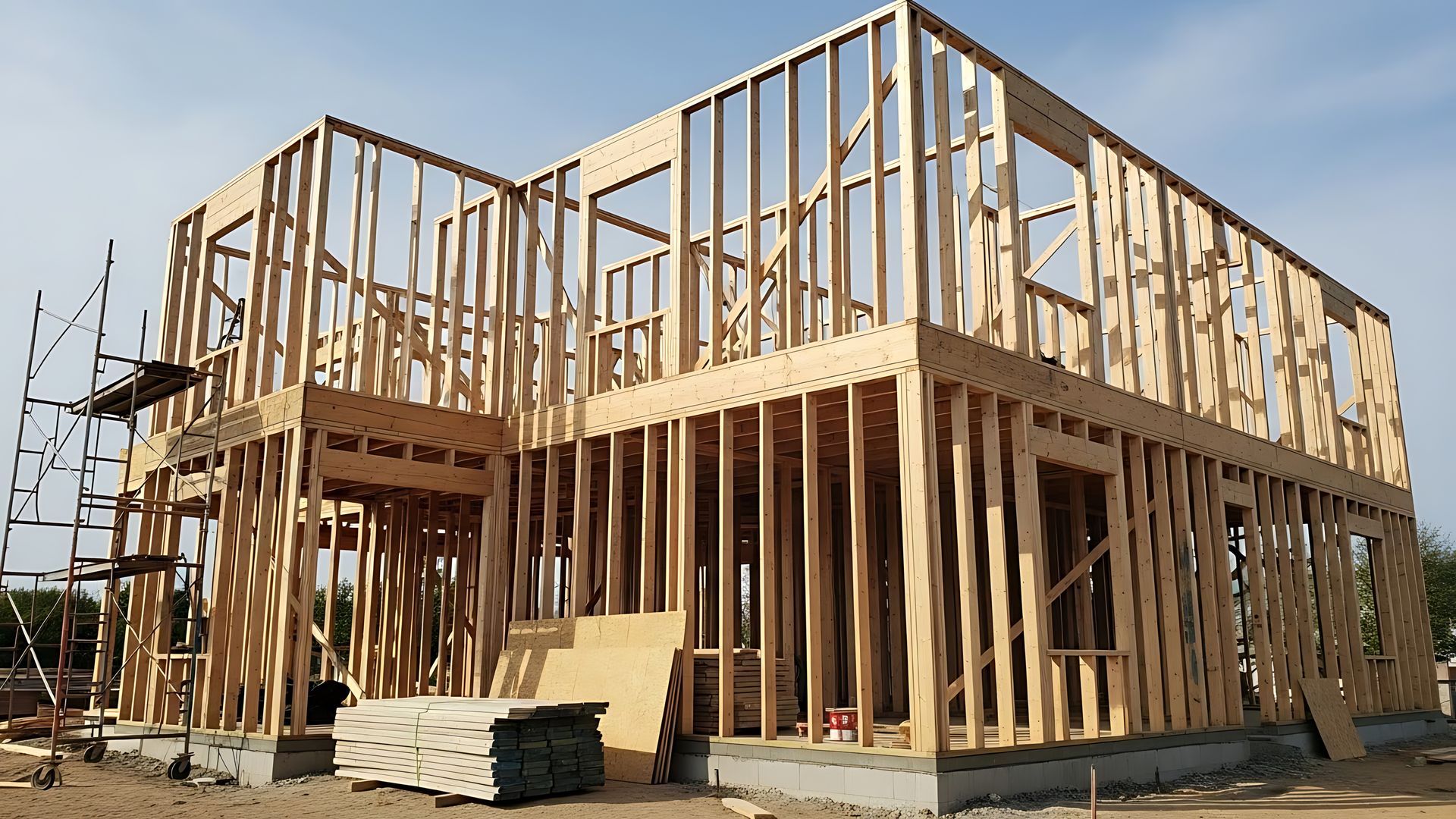Maison à ossature en bois en construction, avec charpente apparente et matériaux empilés sur le chantier.